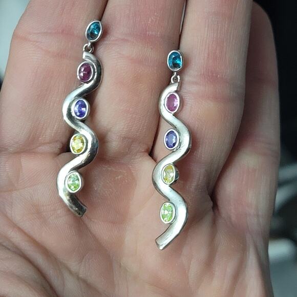 Sterling Silver Multi Stone Squiggly Dangle Earrings - Picture 8 of 9
